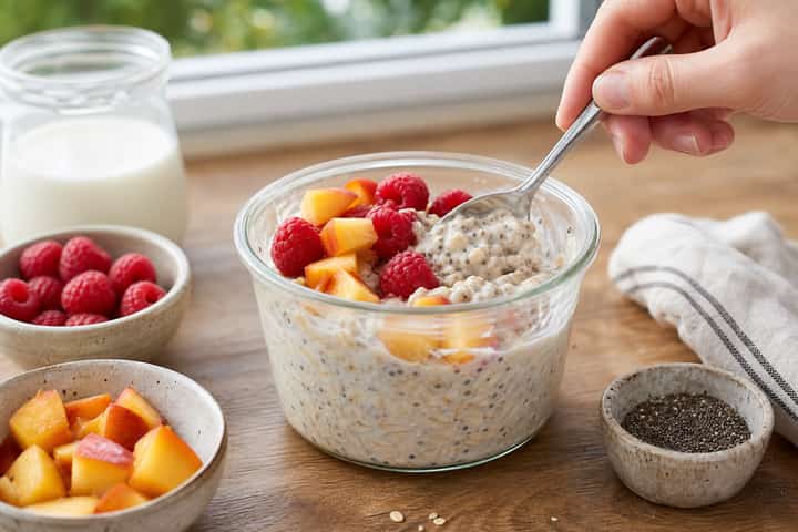 Raspberry Peach Overnight Oats cooking step 4: Bring it together.