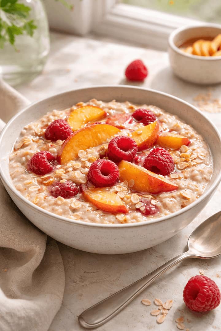 Raspberry Peach Porridge plated and ready to serve.