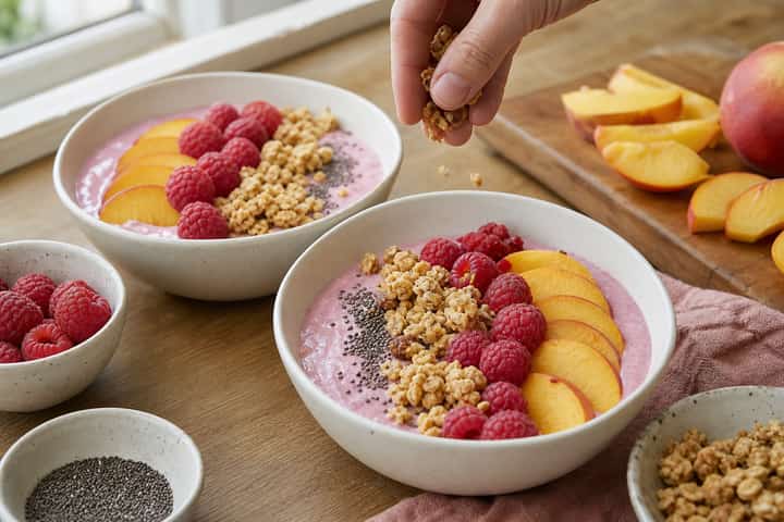 Raspberry Peach Smoothie Bowls cooking step 4: Bring it together.