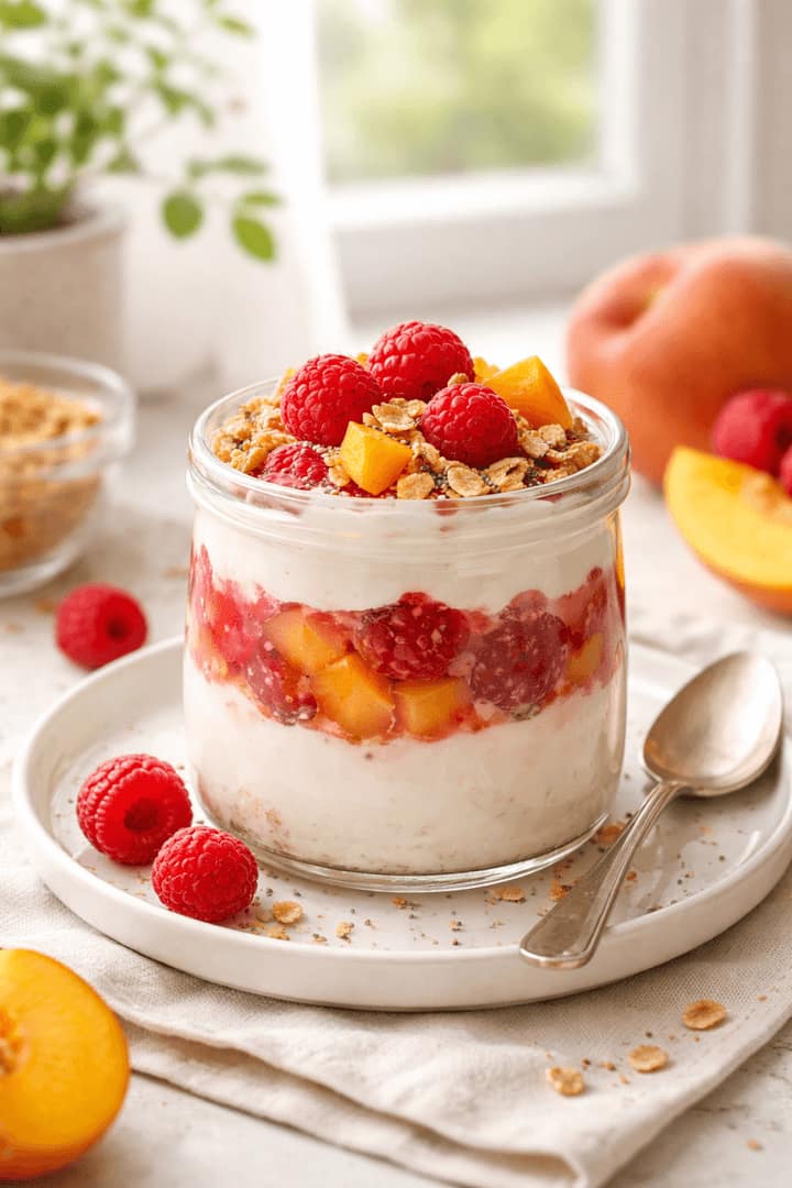 Raspberry Peach Yogurt Pots plated and ready to serve.