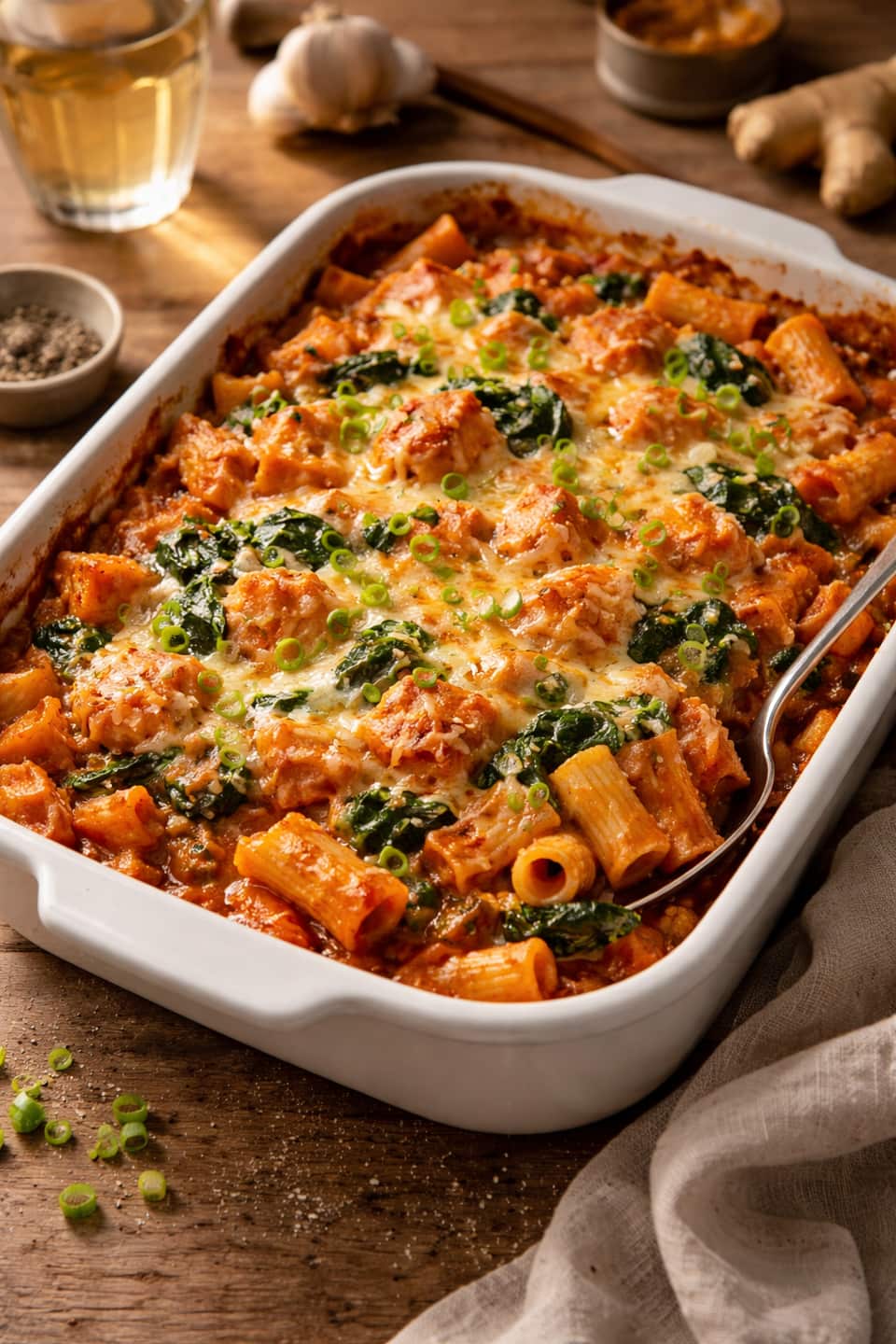 Salmon Ginger Pasta Bake plated and ready to serve.