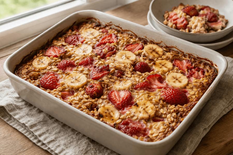 Strawberry Banana Baked Oats plated and ready to serve.