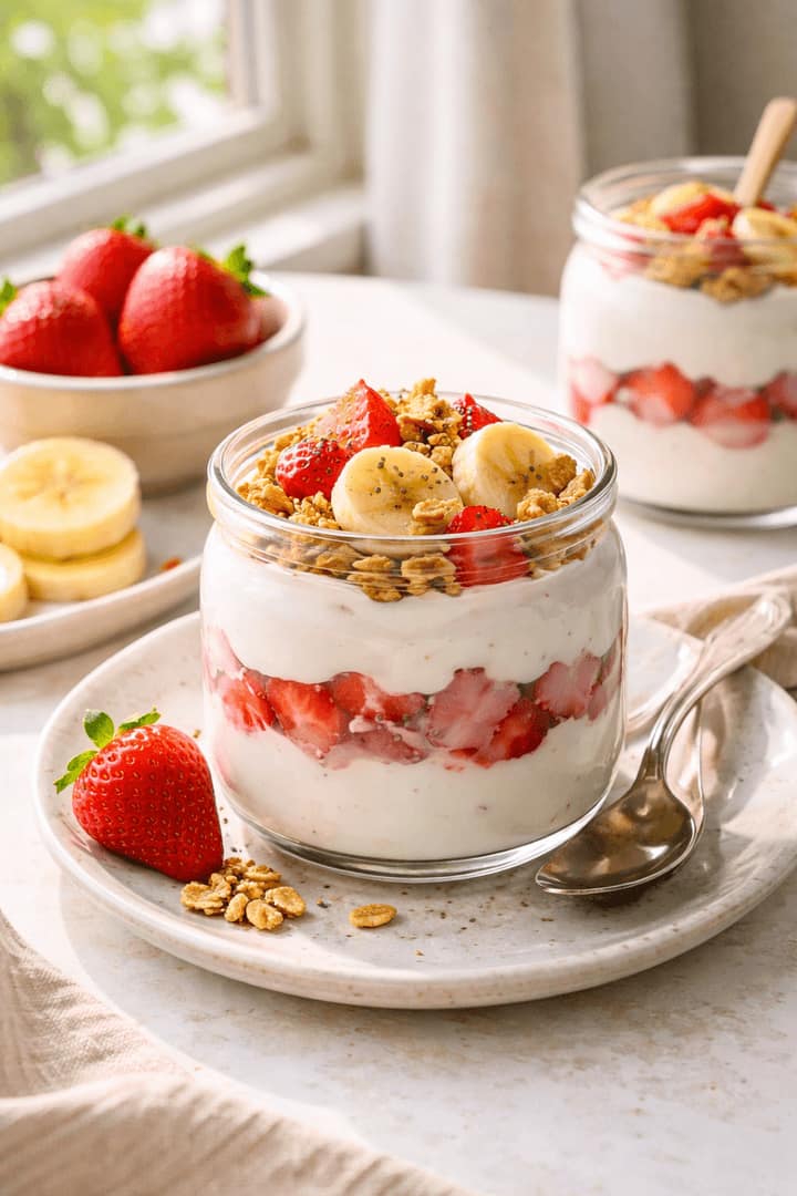 Strawberry Banana Yogurt Pots plated and ready to serve.