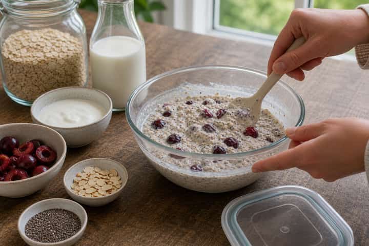 Cherry Almond Overnight Oats cooking step 3: Build the flavour.