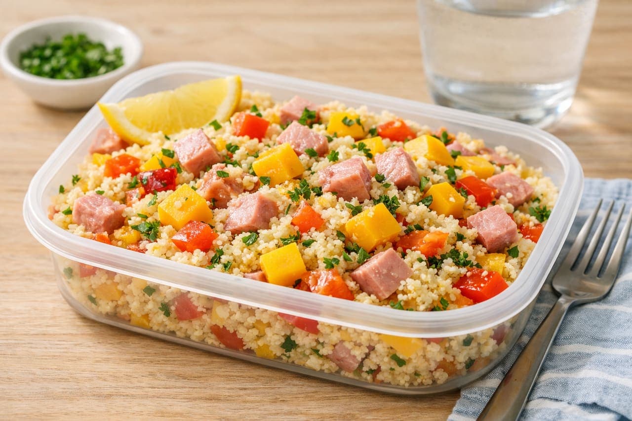 Ham Cheddar Couscous Boxes plated and ready to serve.