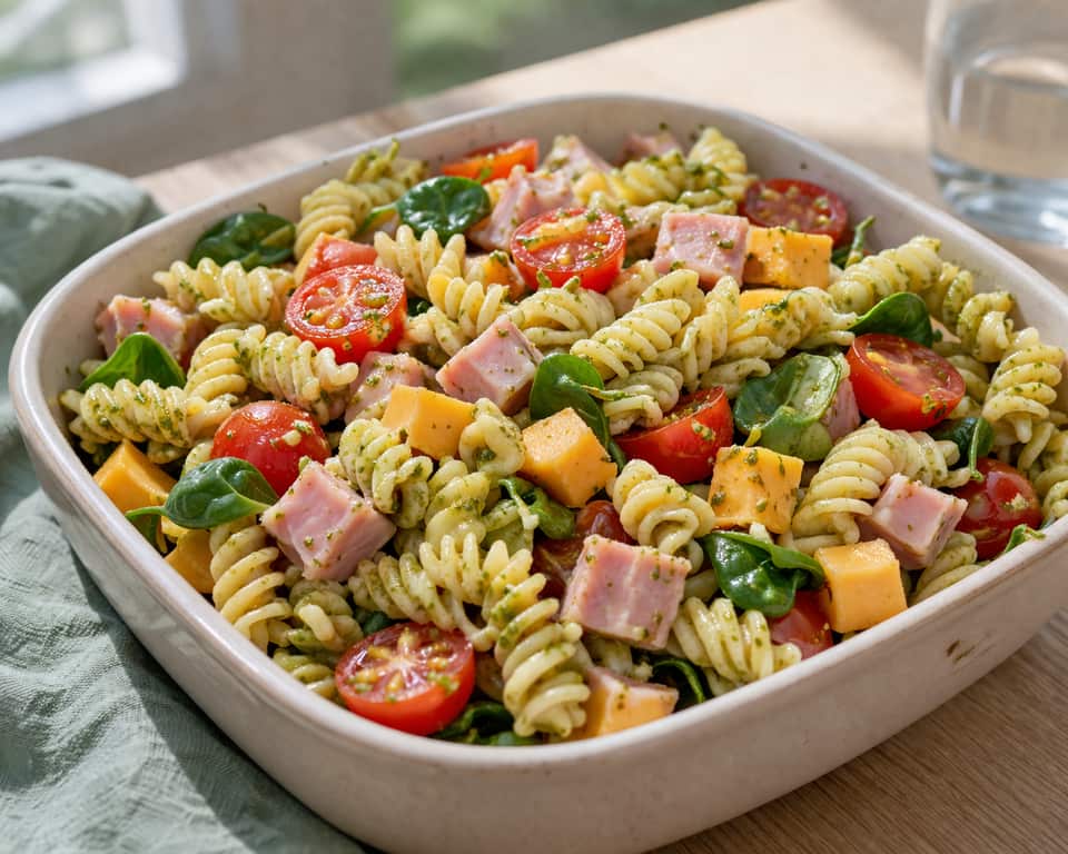 Ham Cheddar Pasta Salad plated and ready to serve.