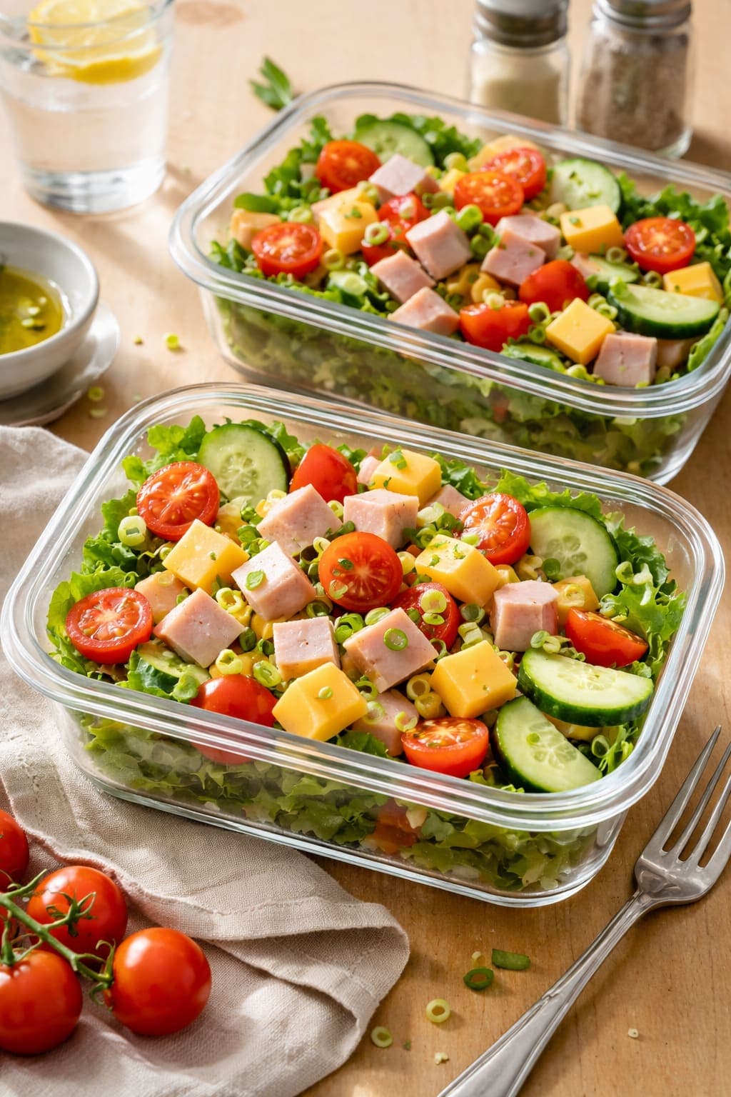 Ham Cheddar Salad Boxes plated and ready to serve.