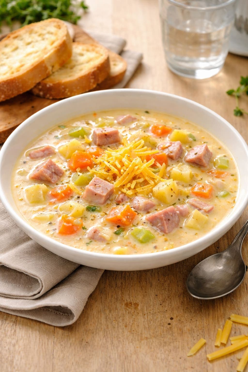Ham Cheddar Soup Pots plated and ready to serve.