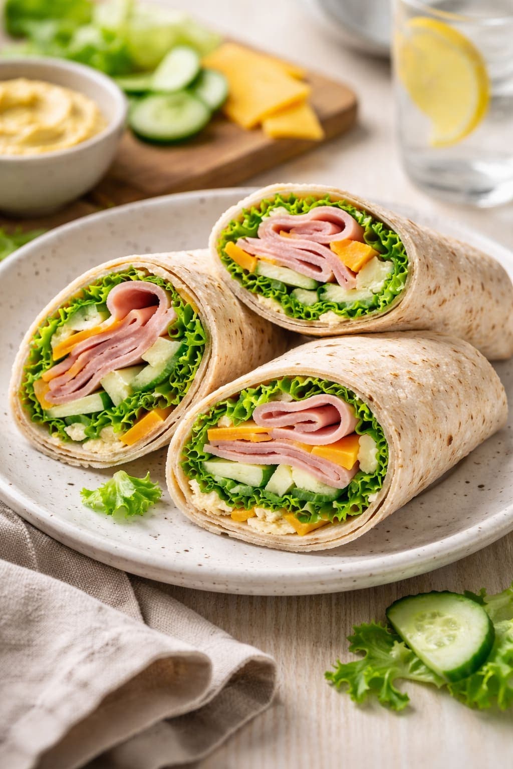 Ham Cheddar Wraps plated and ready to serve.
