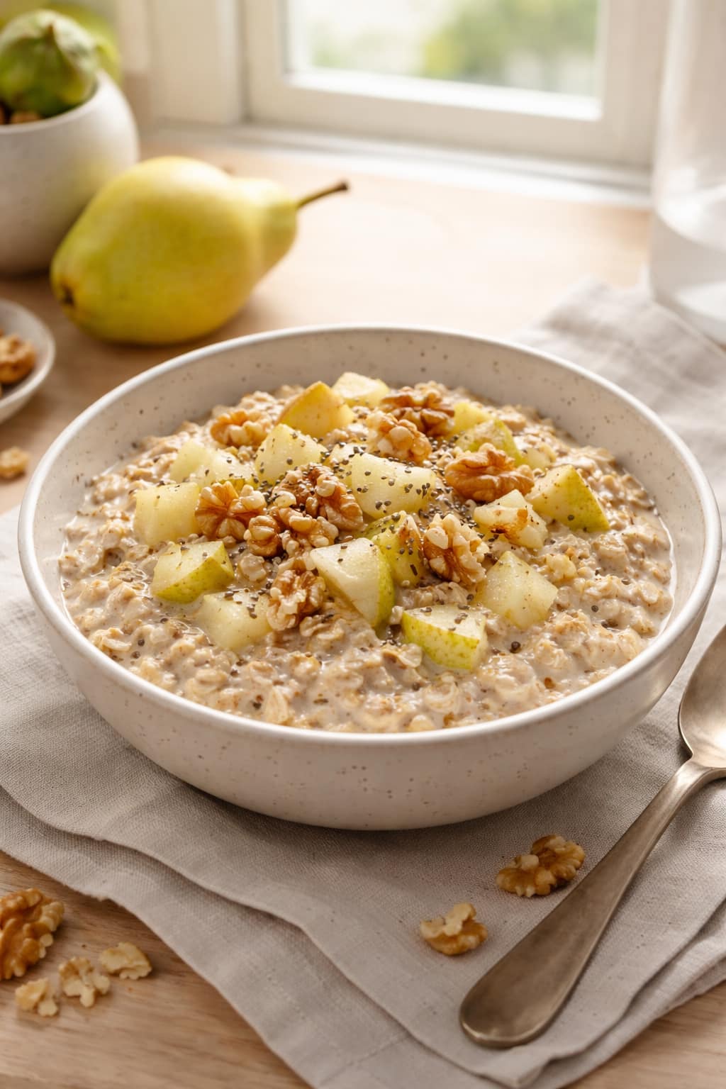 Pear Walnut Overnight Oats plated and ready to serve.