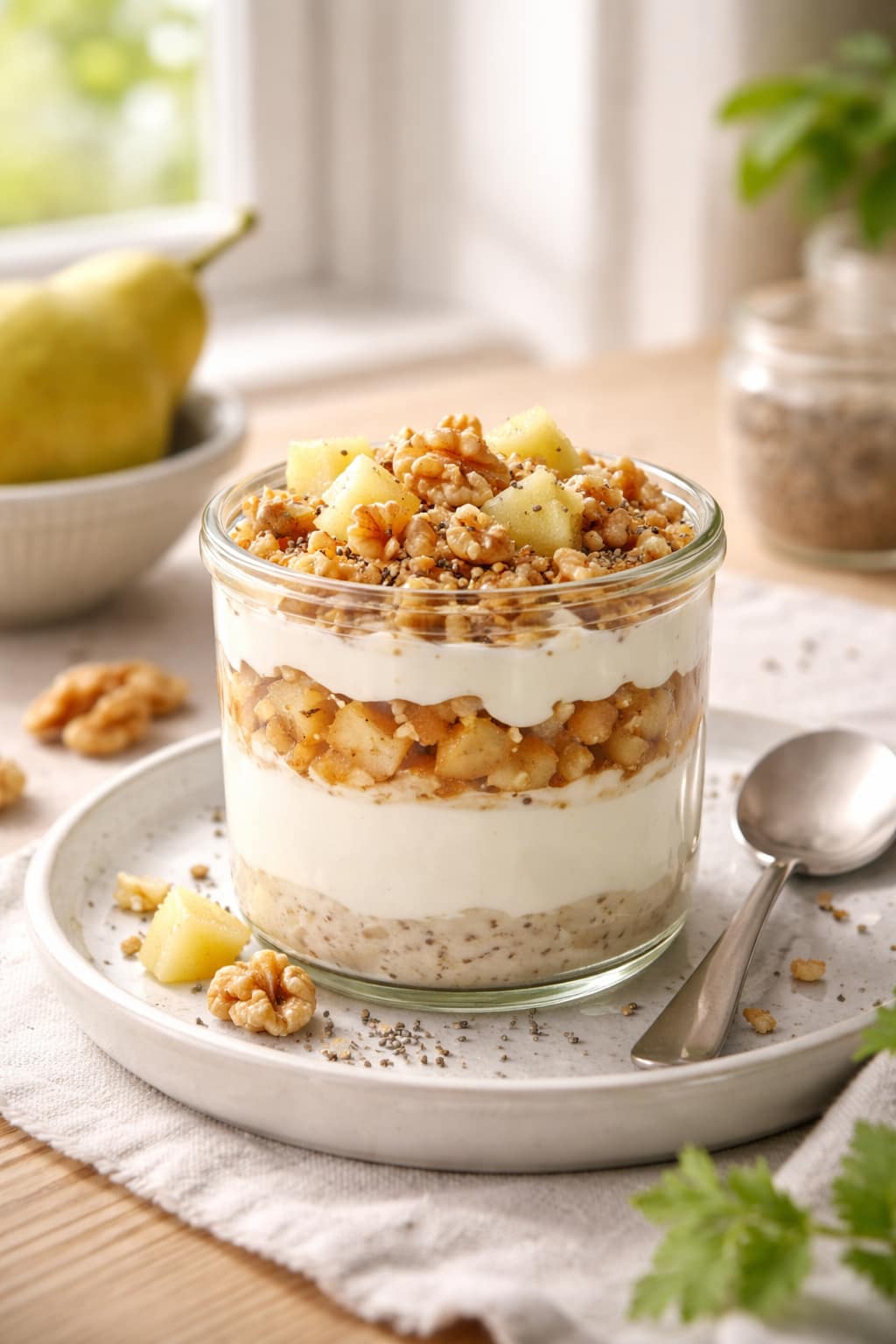 Pear Walnut Yogurt Pots plated and ready to serve.