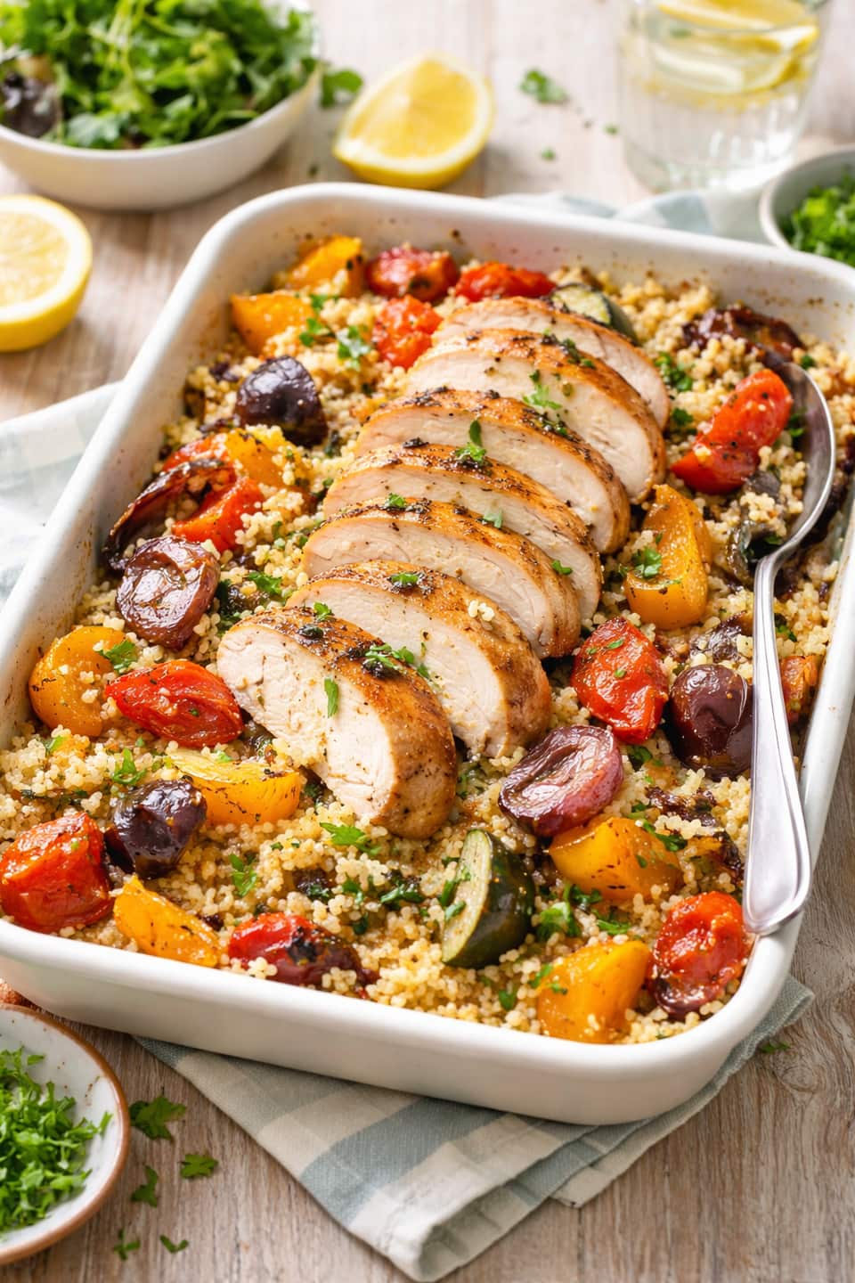 Roast Chicken Couscous Boxes plated and ready to serve.