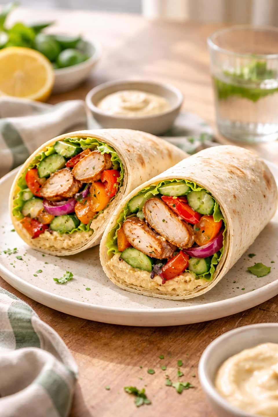 Roast Chicken Wraps plated and ready to serve.