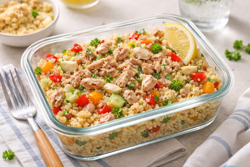 Tuna Bean Couscous Boxes plated and ready to serve.