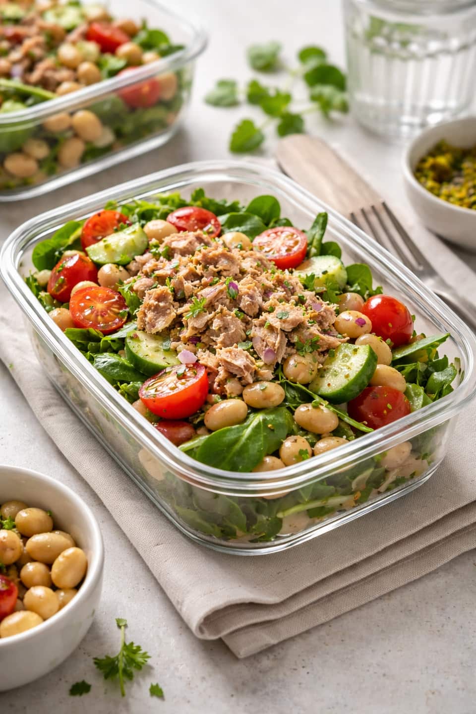 Tuna Bean Salad Boxes plated and ready to serve.