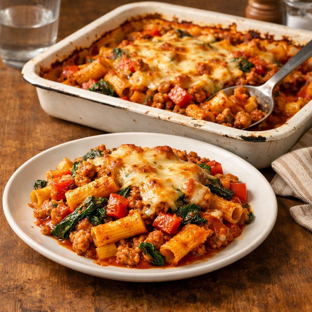 Turkey Pepper Pasta Bake plated and ready to serve.
