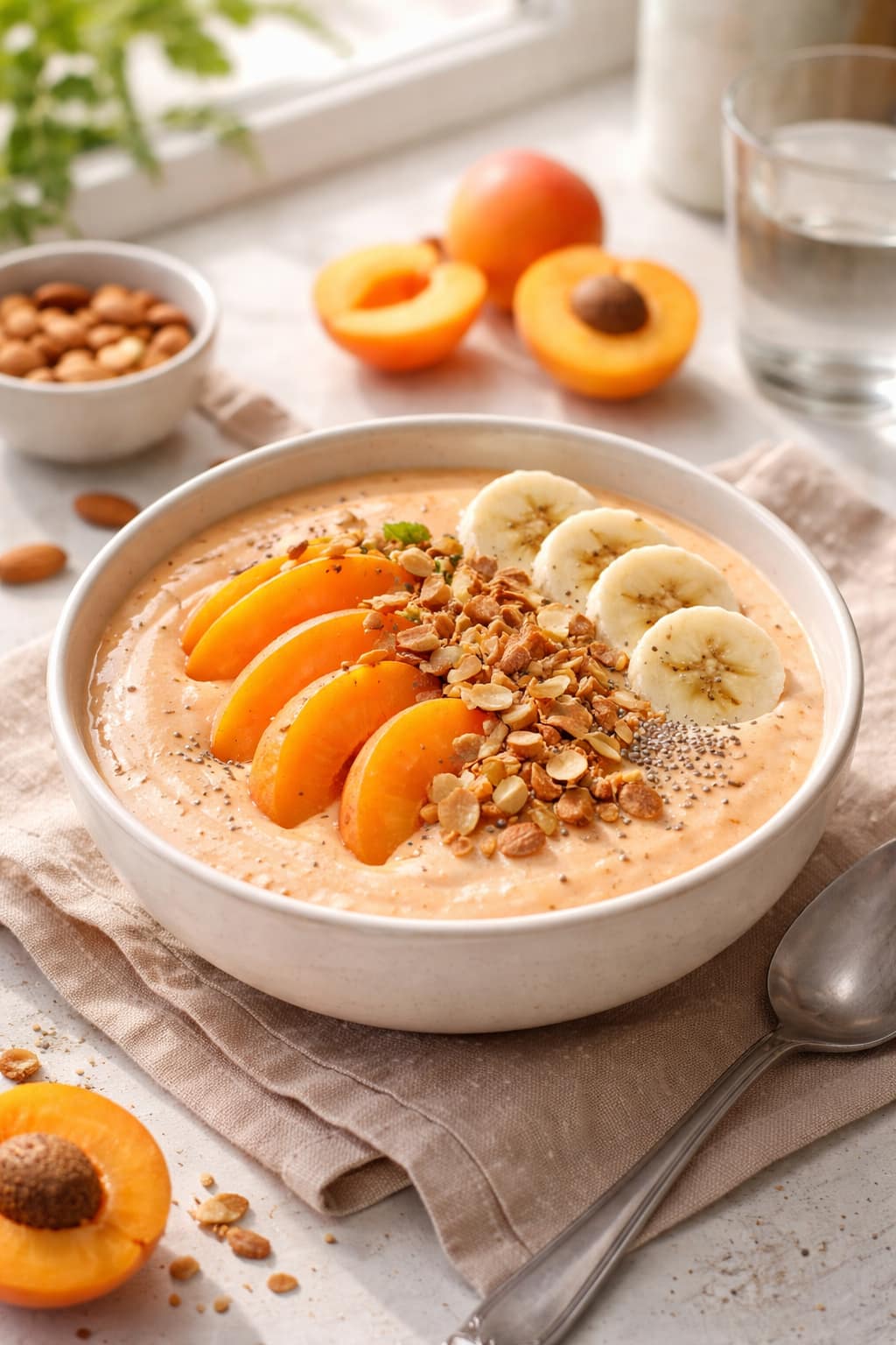 Apricot Almond Smoothie Bowls plated and ready to serve.