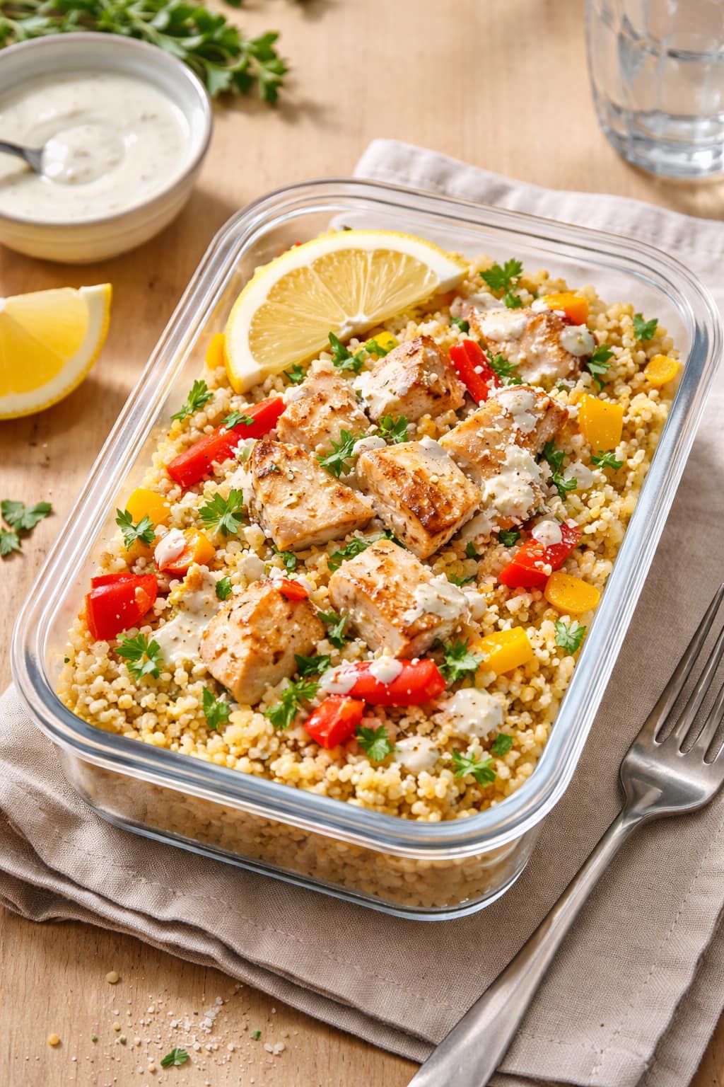 Chicken Caesar Couscous Boxes plated and ready to serve.