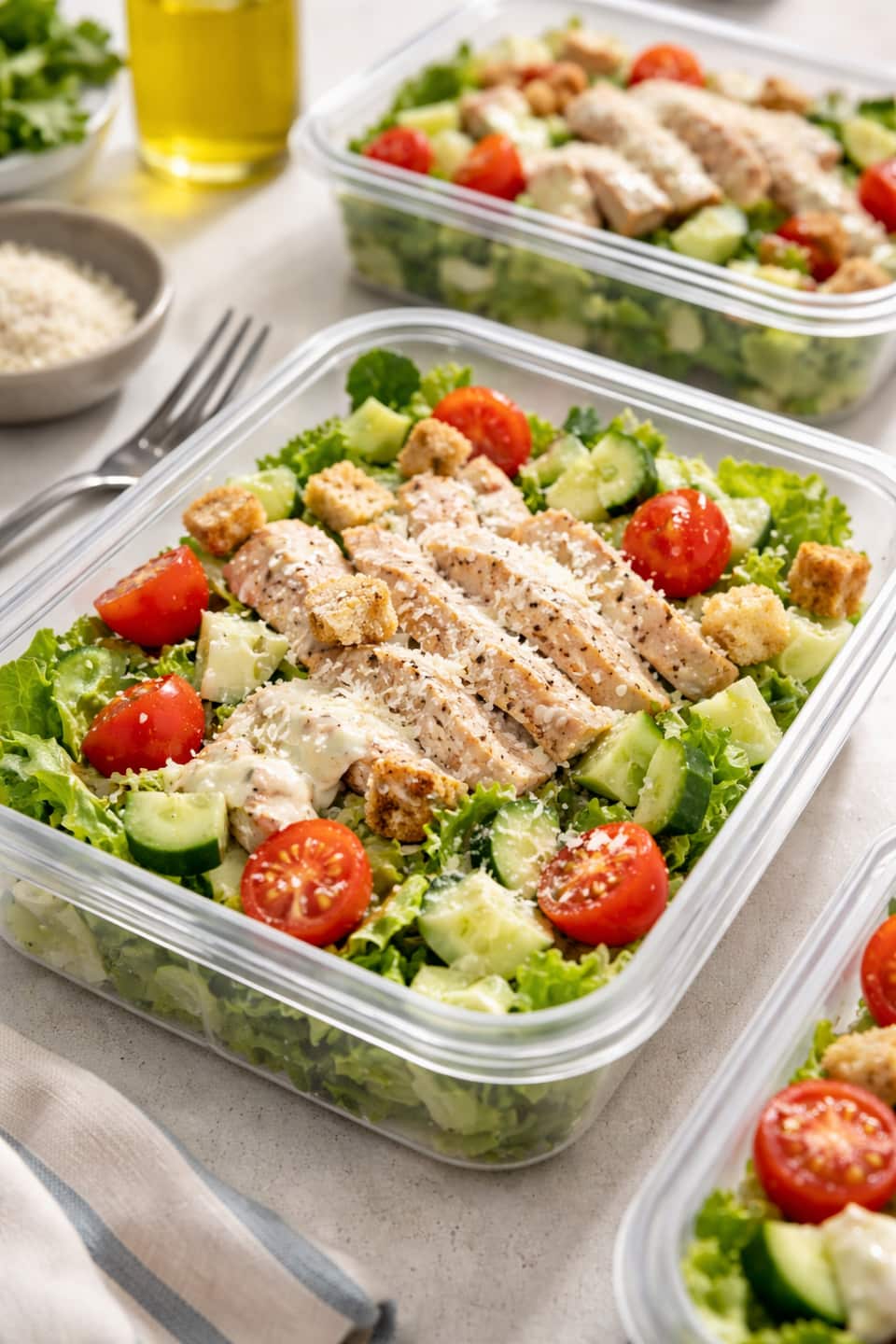 Chicken Caesar Salad Boxes plated and ready to serve.