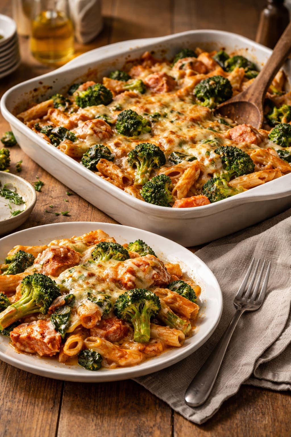 Salmon Broccoli Pasta Bake plated and ready to serve.