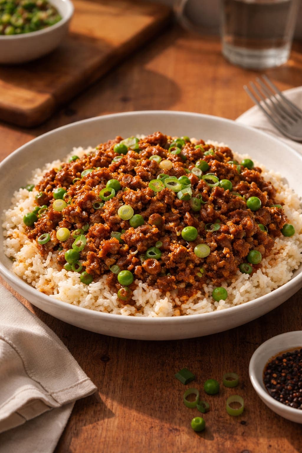 Beef Chilli Rice Bowls plated and ready to serve.