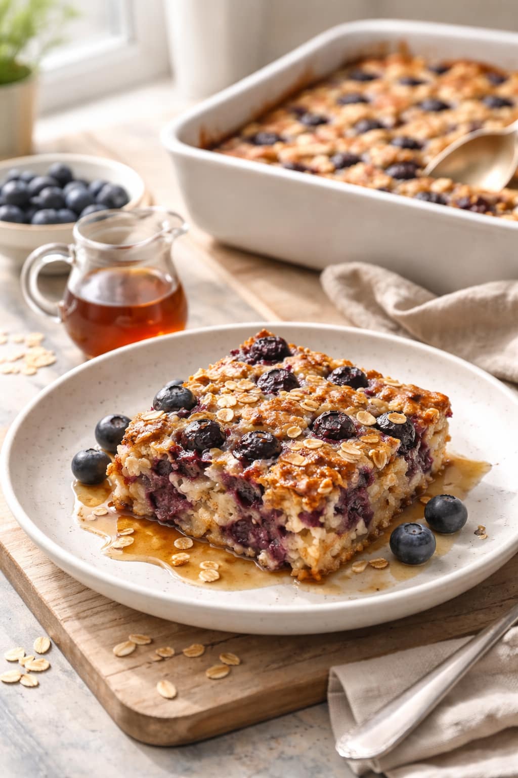 Blueberry Maple Baked Oats plated and ready to serve.