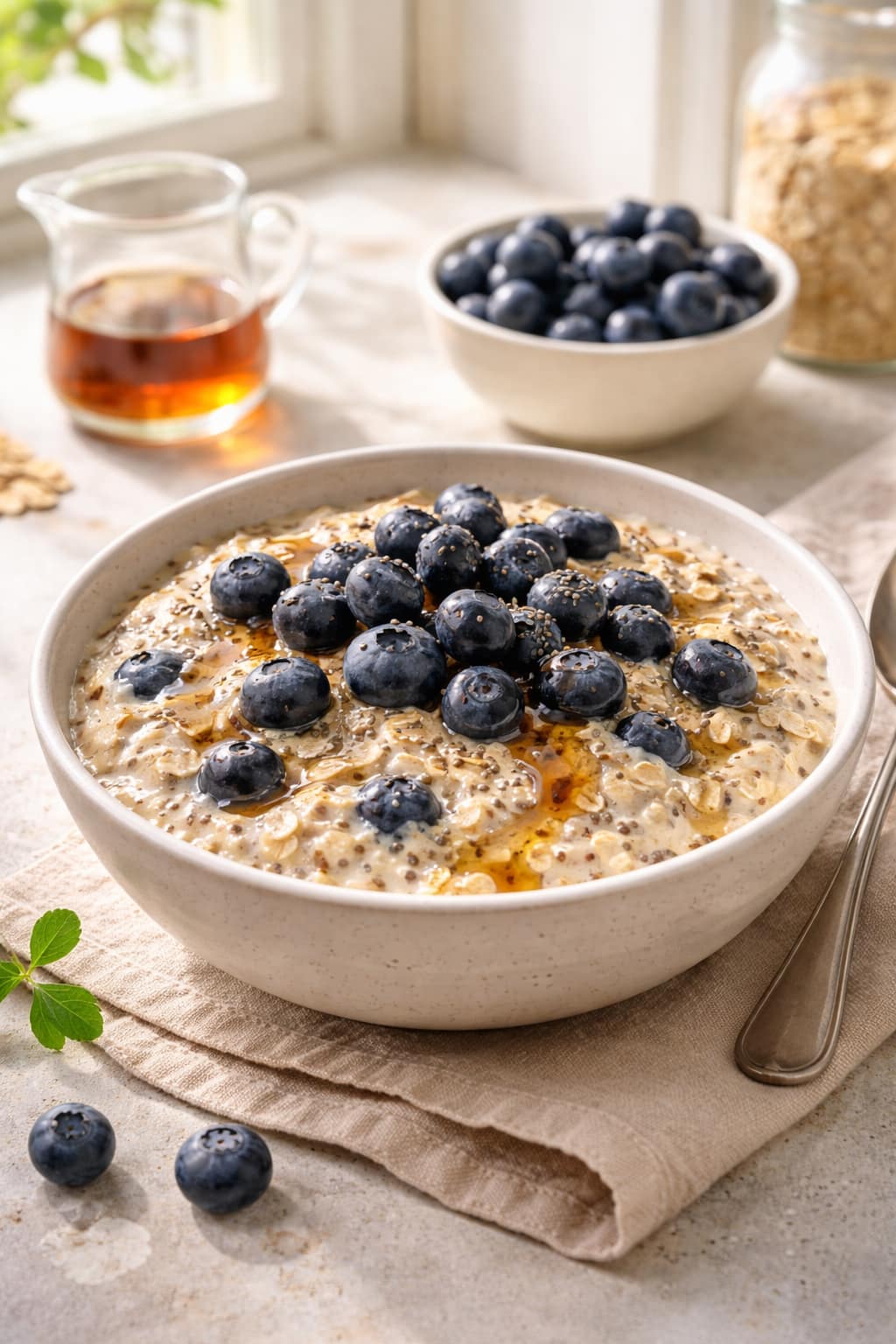 Blueberry Maple Overnight Oats plated and ready to serve.
