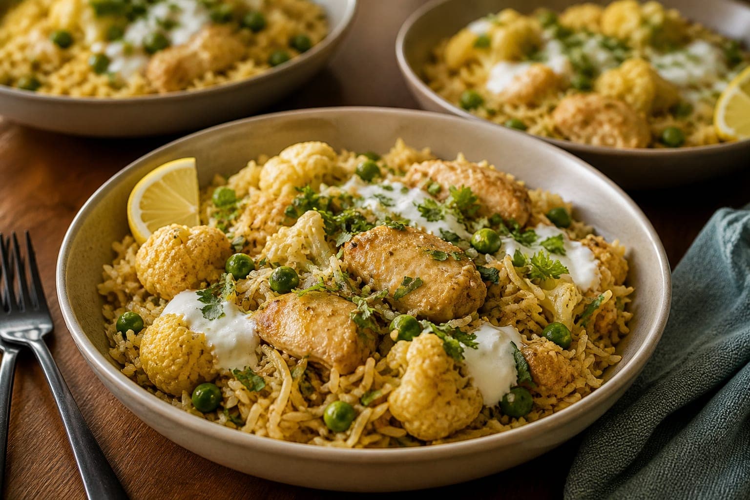 Mild Chicken Korma Rice Skillet plated and ready to serve.