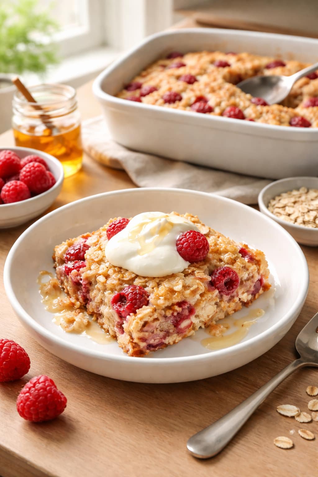 Raspberry Vanilla Baked Oats plated and ready to serve.