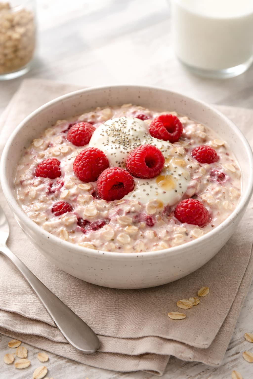 Raspberry Vanilla Overnight Oats plated and ready to serve.