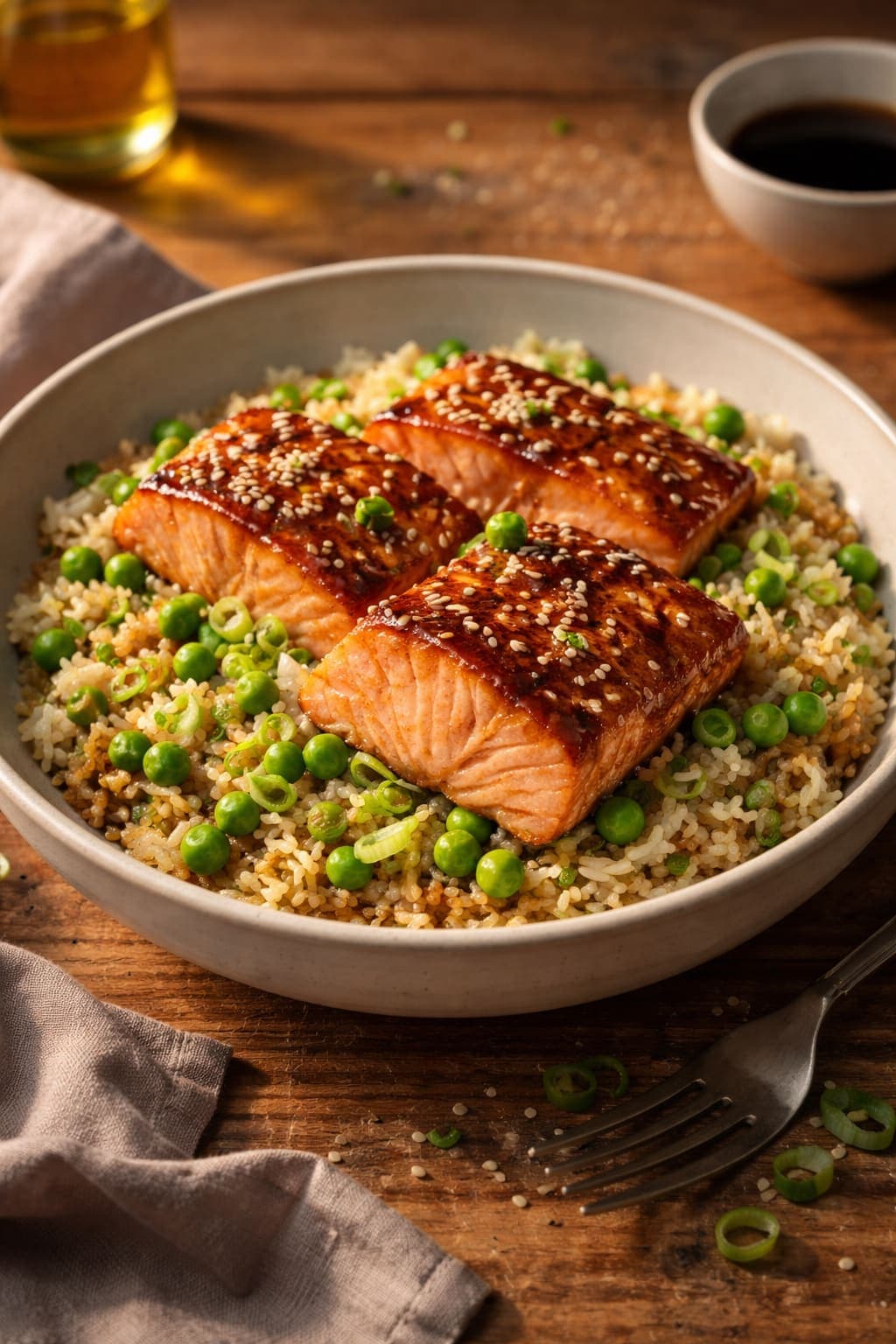 Salmon Miso Rice Bowls plated and ready to serve.