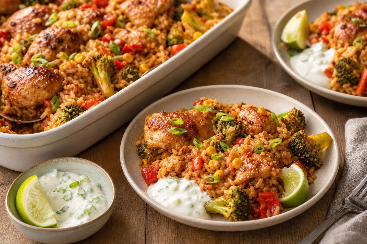 Sweet Chilli Chicken Rice Traybake plated and ready to serve.