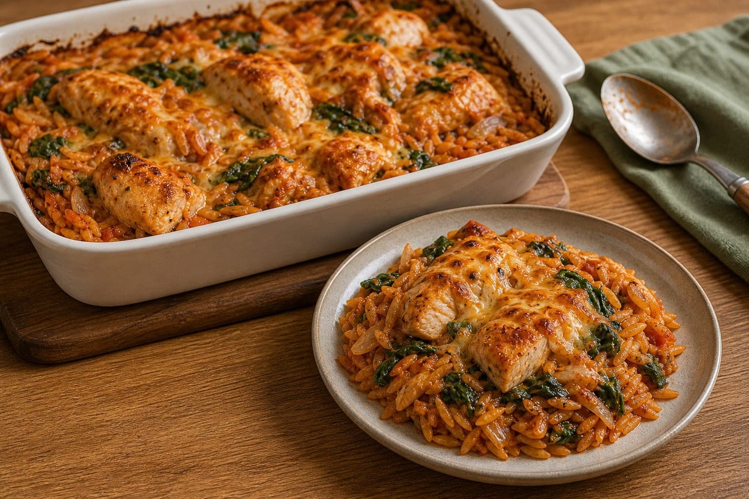 Tomato Chicken Orzo Bake plated and ready to serve.