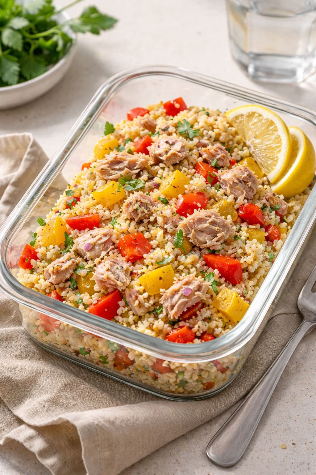 Tuna Pepper Couscous Boxes plated and ready to serve.