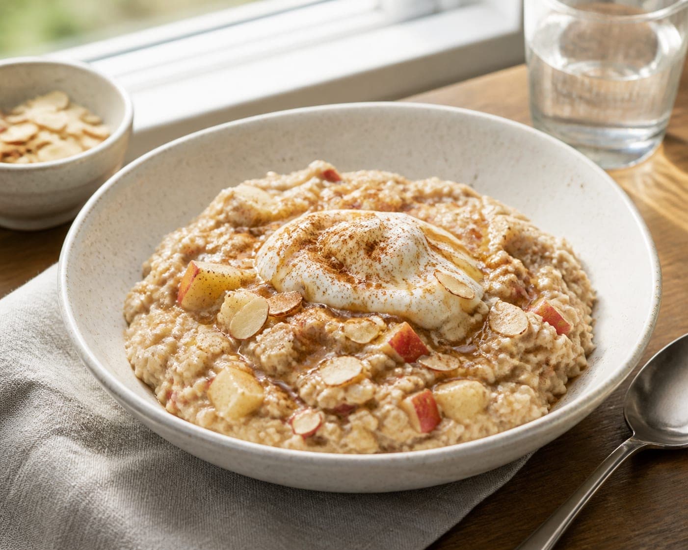Apple Cinnamon Almond Porridge plated and ready to serve.