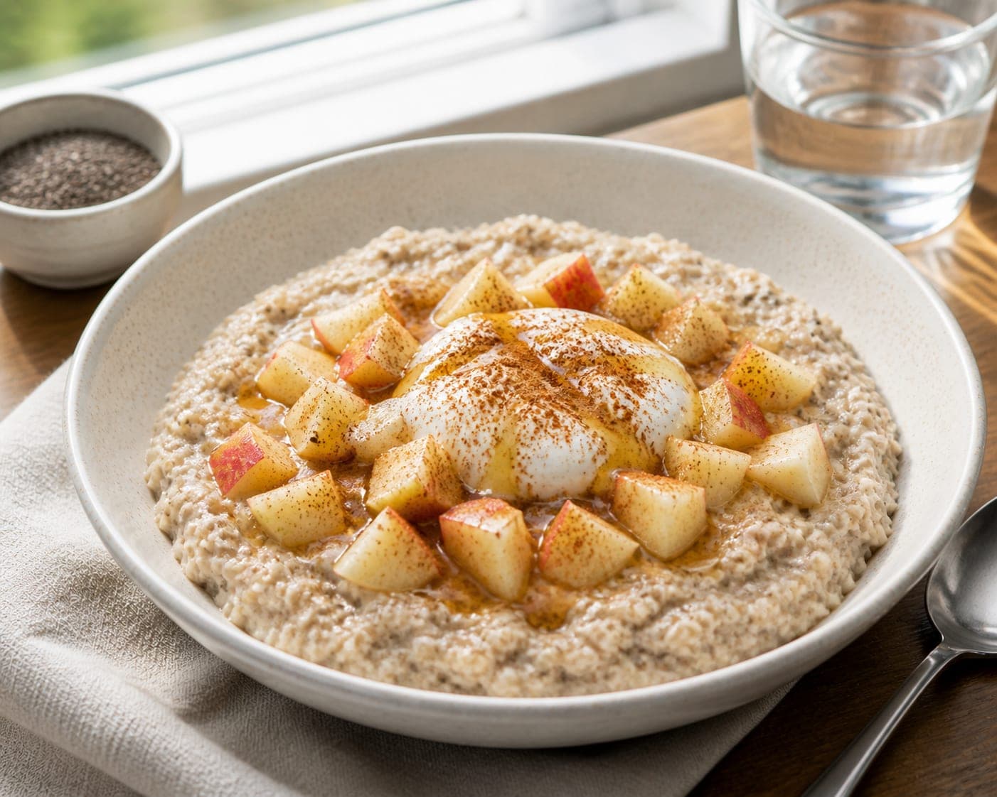 Apple Cinnamon Chia Porridge plated and ready to serve.