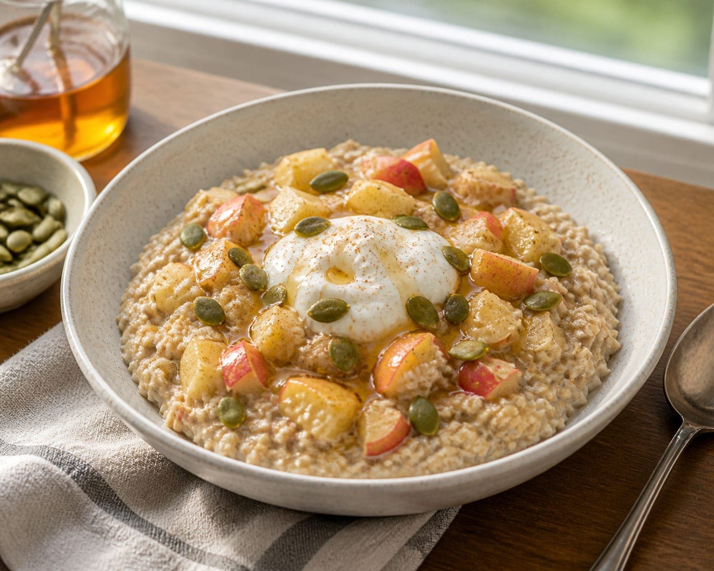 Apple Ginger Pumpkin Seed Porridge plated and ready to serve.