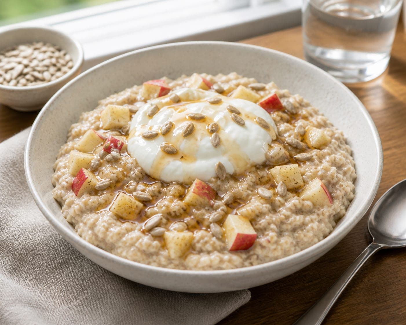 Apple Vanilla Sunflower Seed Porridge plated and ready to serve.