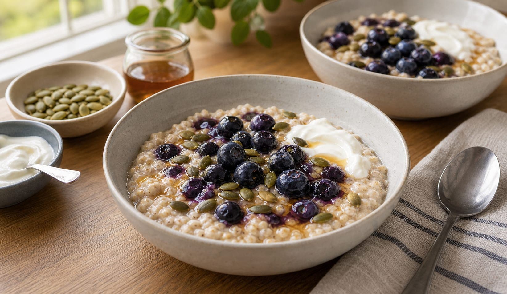 Blueberry Vanilla Pumpkin Seed Porridge plated and ready to serve.