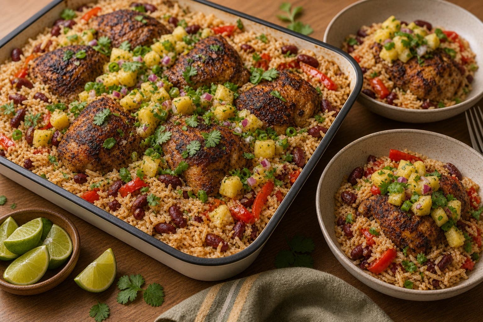 Caribbean-Style Jerk Chicken Rice Traybake plated and ready to serve.