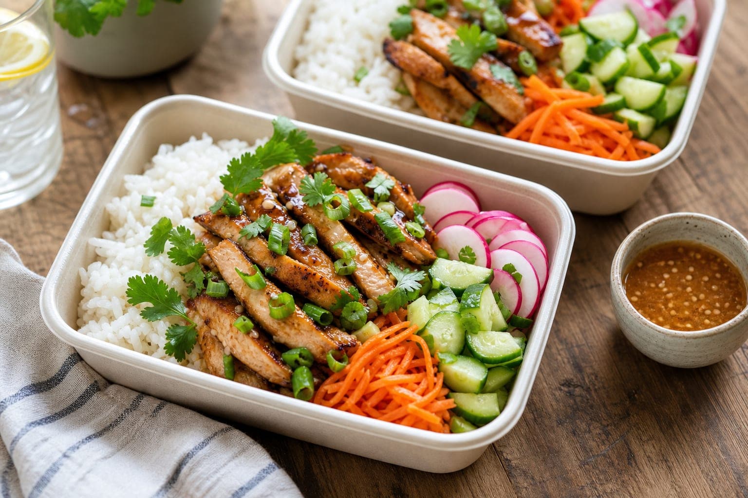 Chicken Banh Mi Rice Salad Boxes plated and ready to serve.