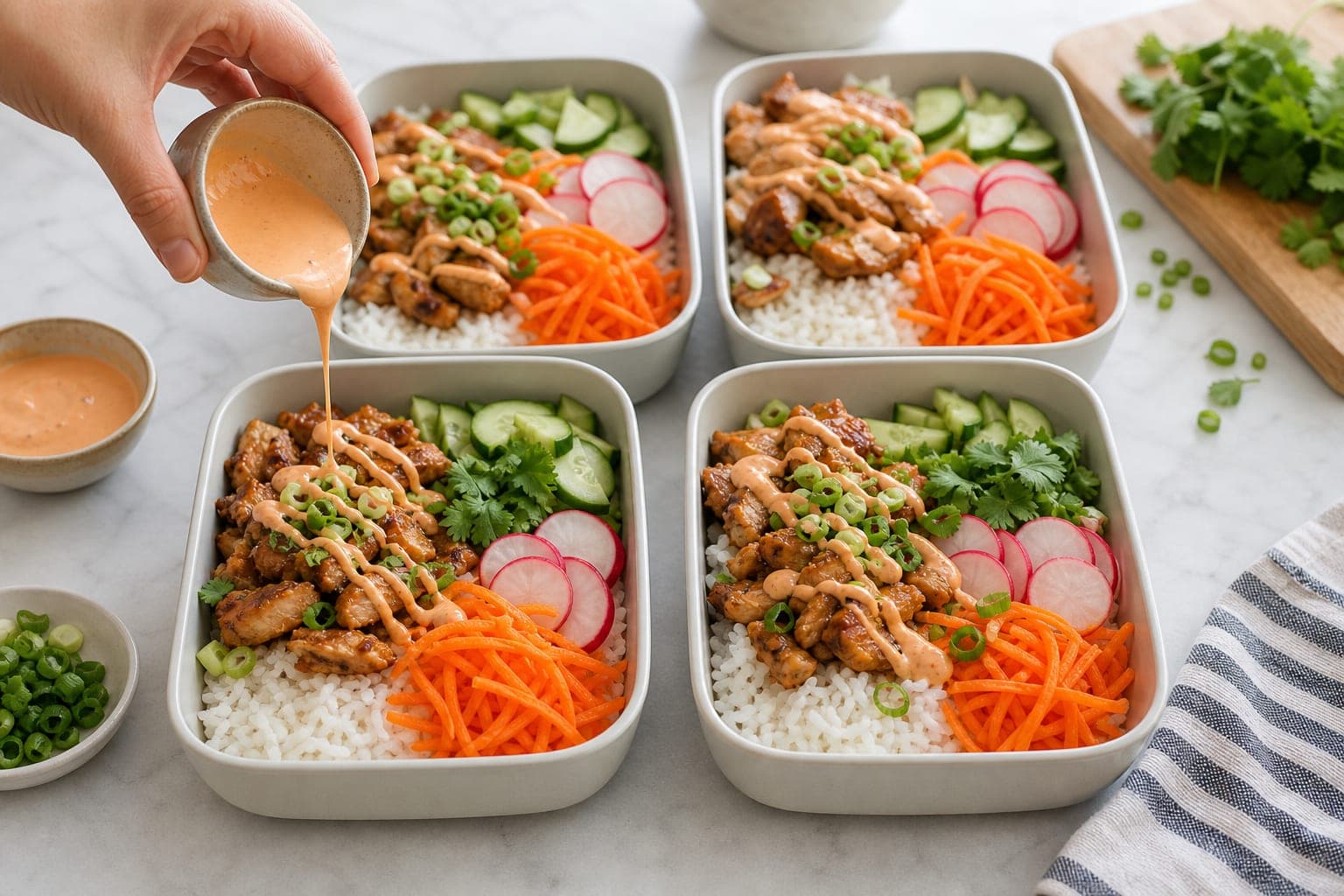 Chicken Banh Mi Rice Salad Boxes cooking step 6: Assemble the boxes.