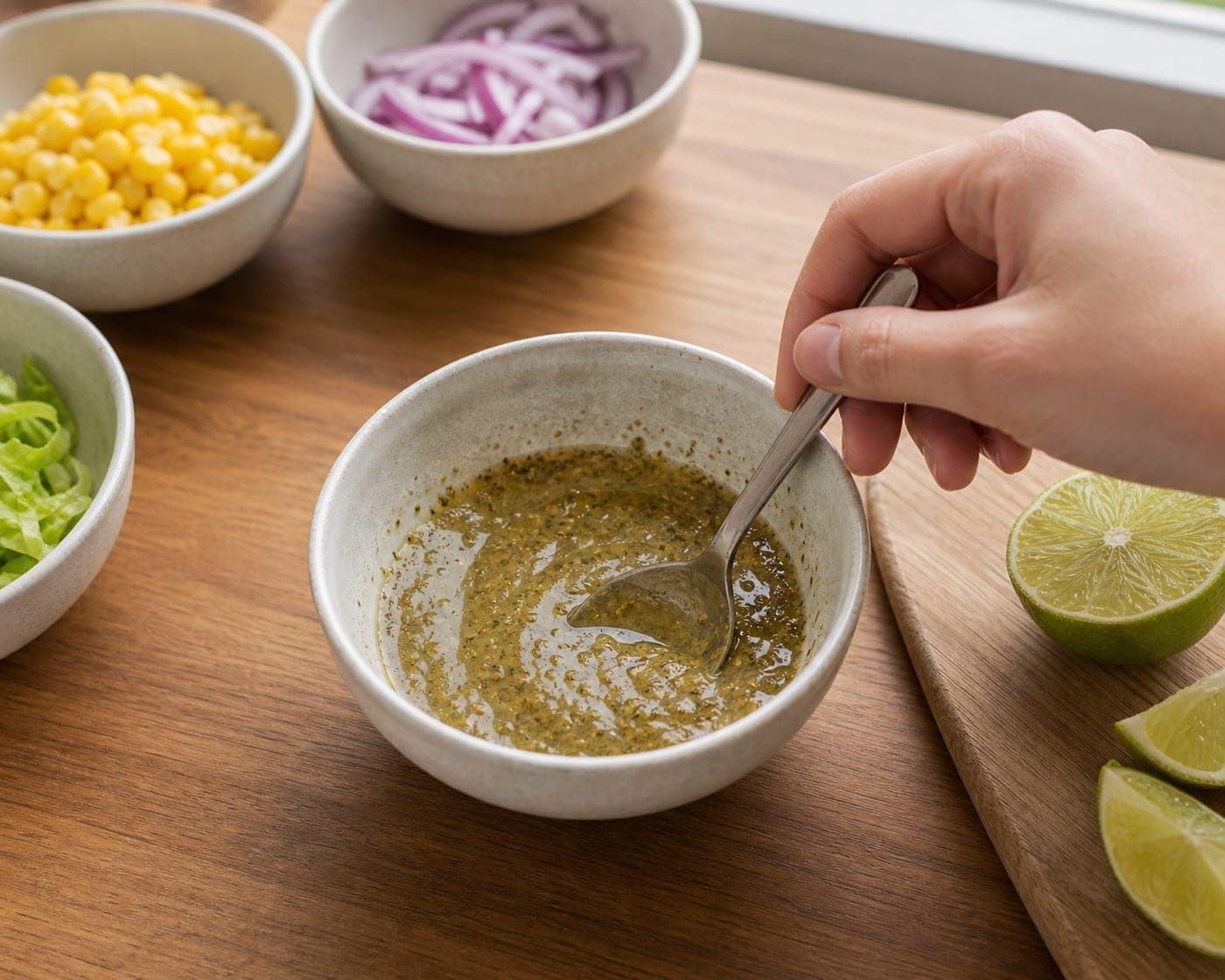 Chicken Sweetcorn Lime Wraps cooking step 3: Make the dressing.