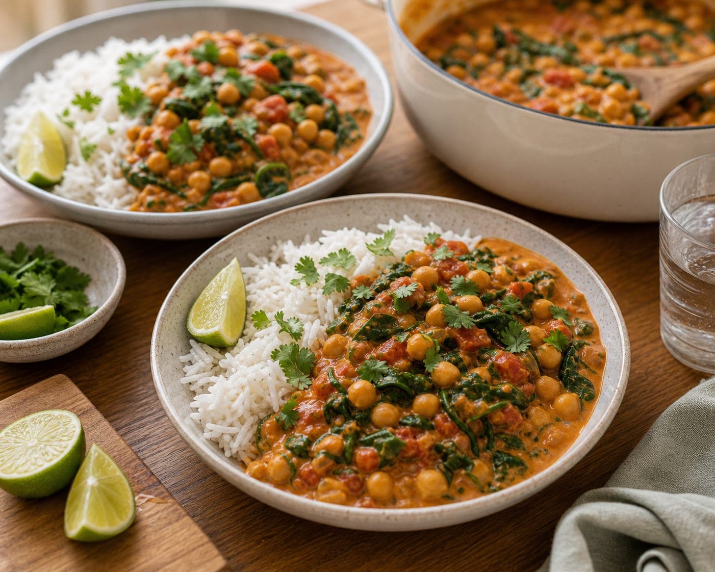 Coconut Chickpea Spinach Curry plated and ready to serve.