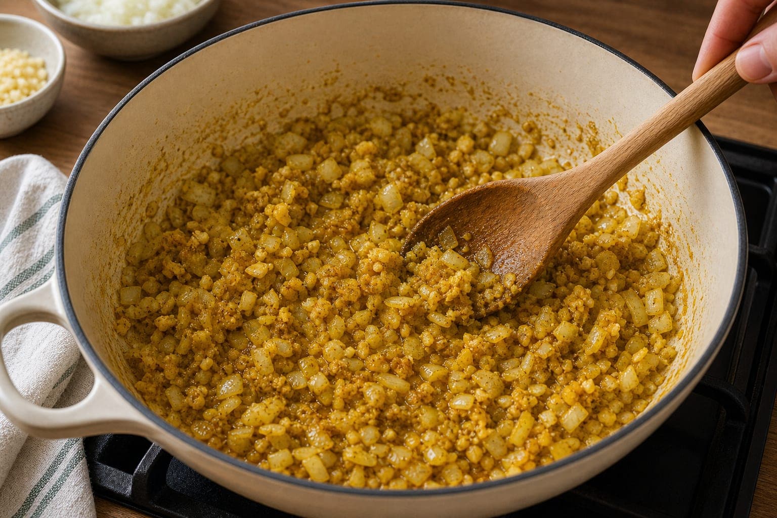 Coconut Lentil Dhal with Jammy Eggs cooking step 3: Soften the onion and spices.