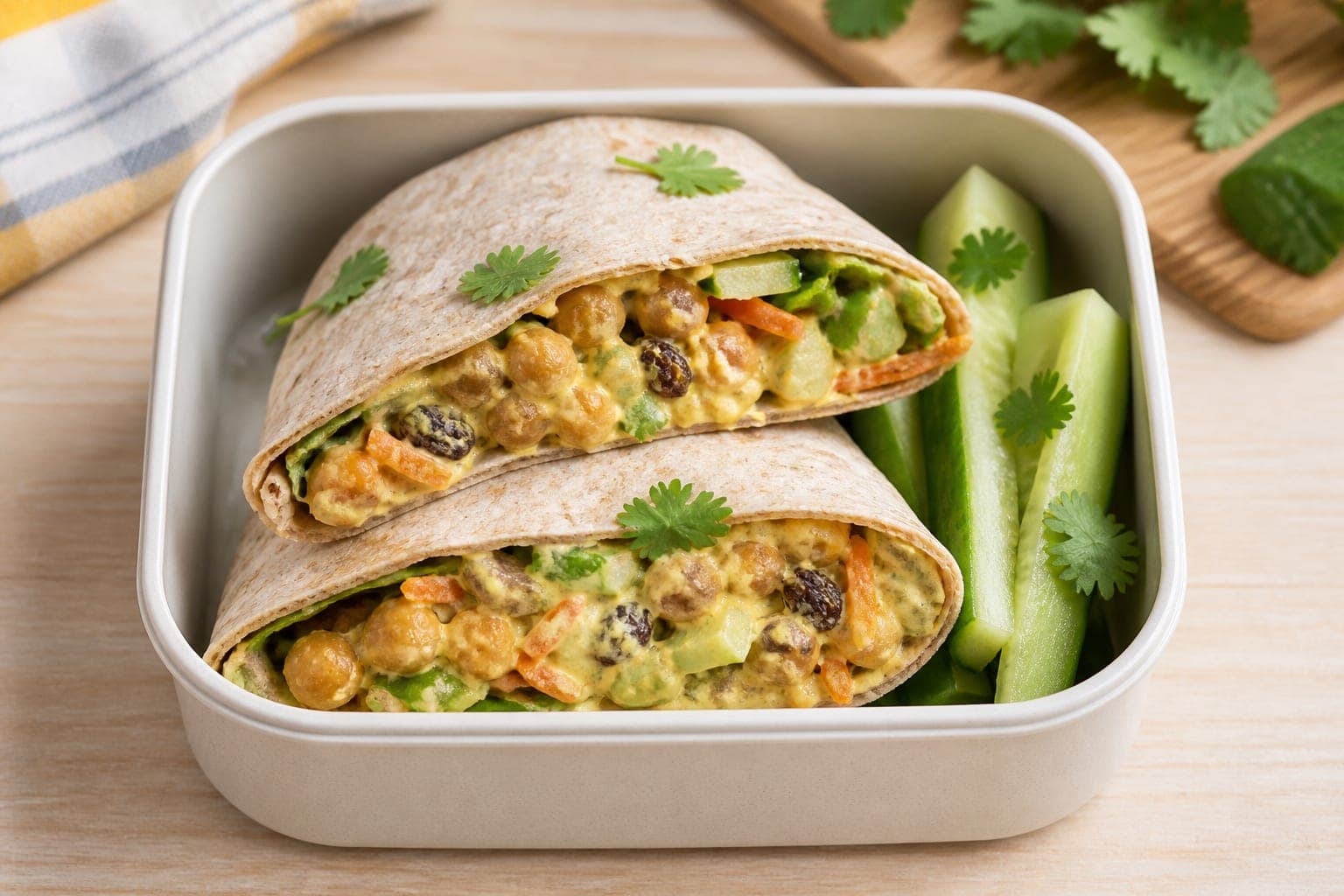 Coronation Chickpea Crunch Wraps plated and ready to serve.