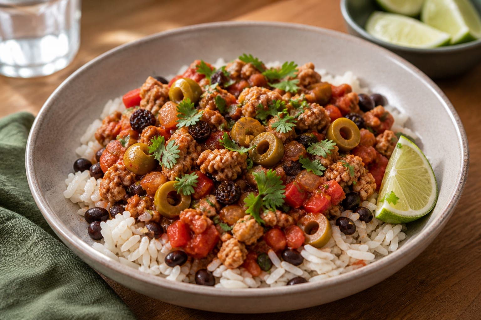 Cuban-Style Turkey Picadillo Rice Bowls plated and ready to serve.