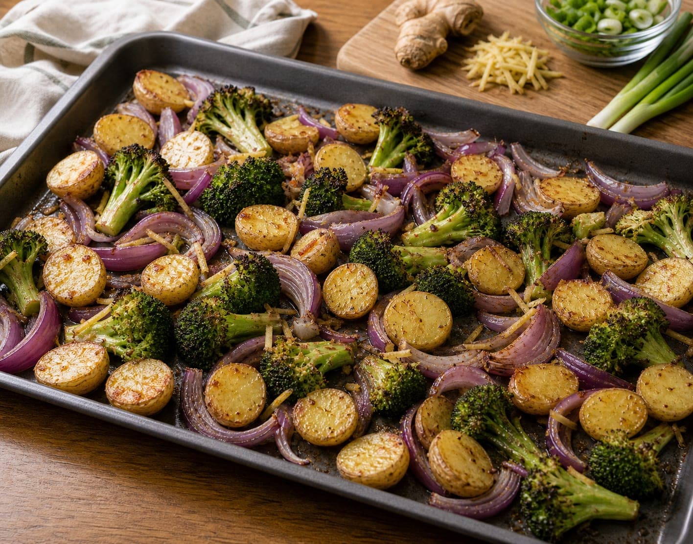 Ginger Chicken Broccoli Traybake cooking step 3: Roast the vegetables.
