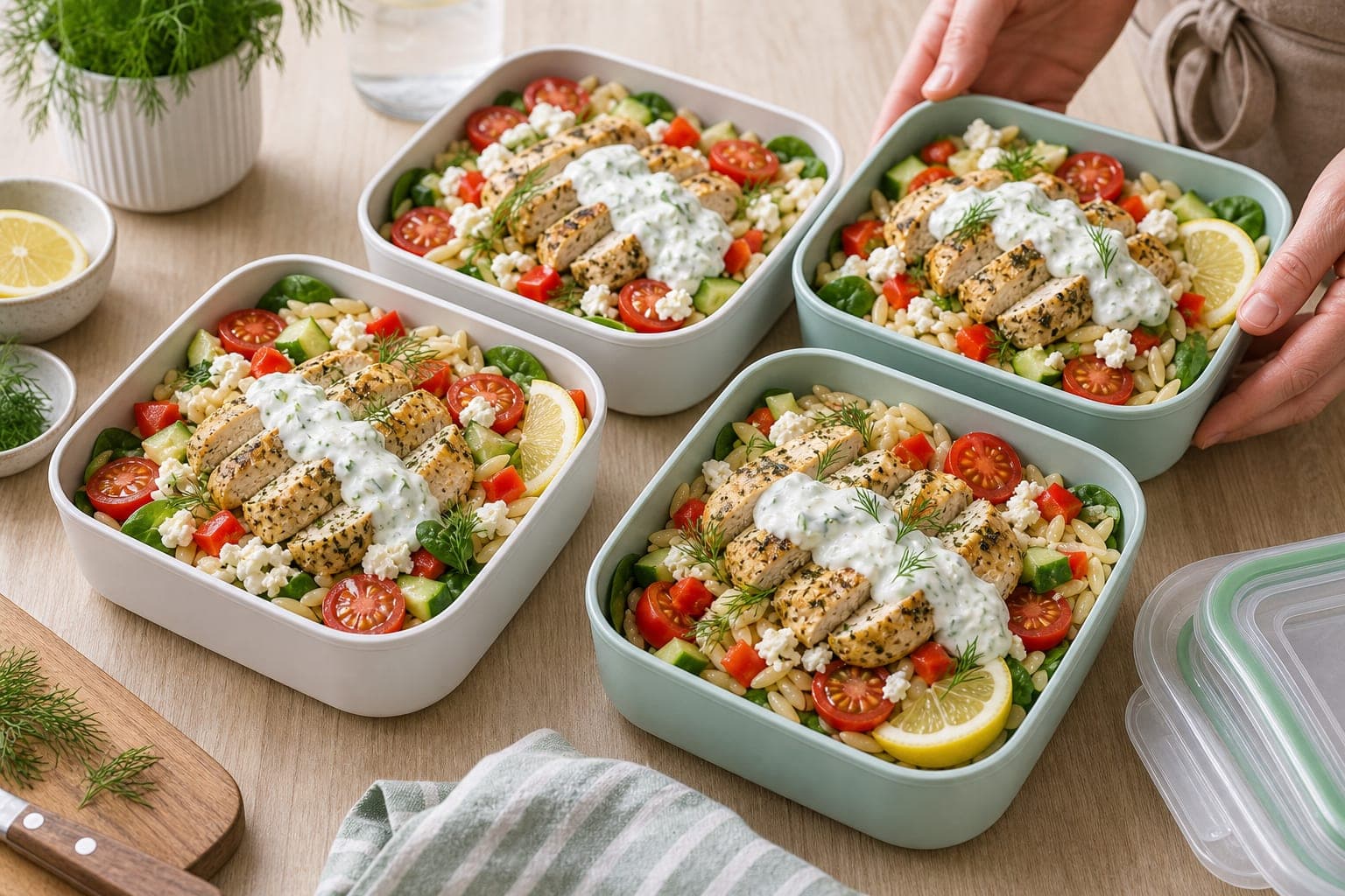 Greek Chicken Tzatziki Orzo Boxes cooking step 6: Pack the lunch boxes.