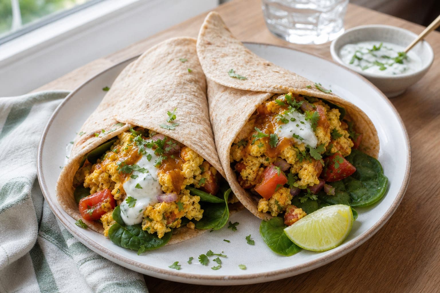 Indian-Style Masala Egg Breakfast Wraps plated and ready to serve.